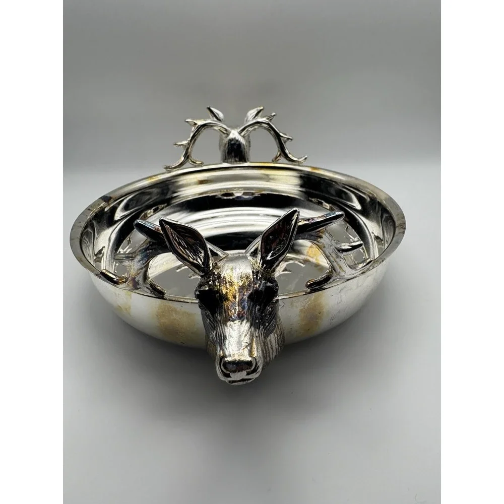 Vintage Elegance In Silver Stag Deer Head Silver Plate Bowl‎ with Box